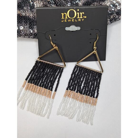 nOir Jewelry Jewelry - nOir Black Color Block Stripe Beaded Tassel Earrings
